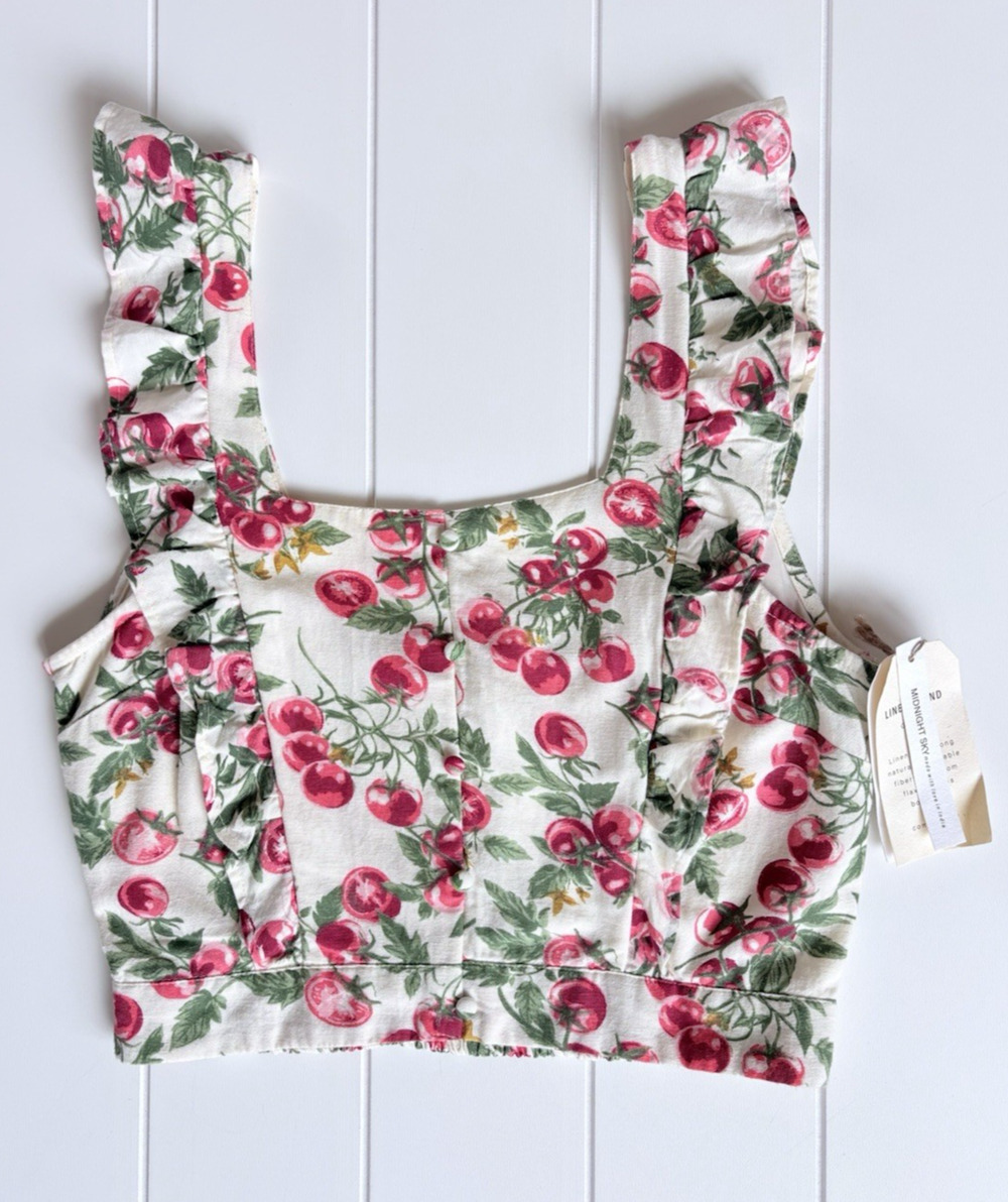 Midnight Sky‎ Cherry Tomato Print Linen Blend Crop Top Ruffle Smocked Womens L